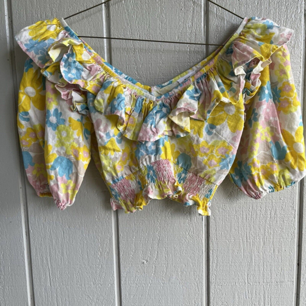 Place Nationale Linen Crop Ruffle Blouse Puff Sleeves Yellow Floral Size XS‎